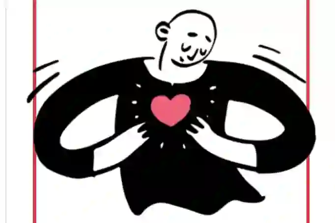 Zeichnung einer Person in schwarzem Pullover, die ihr Herz hält und anschaut.